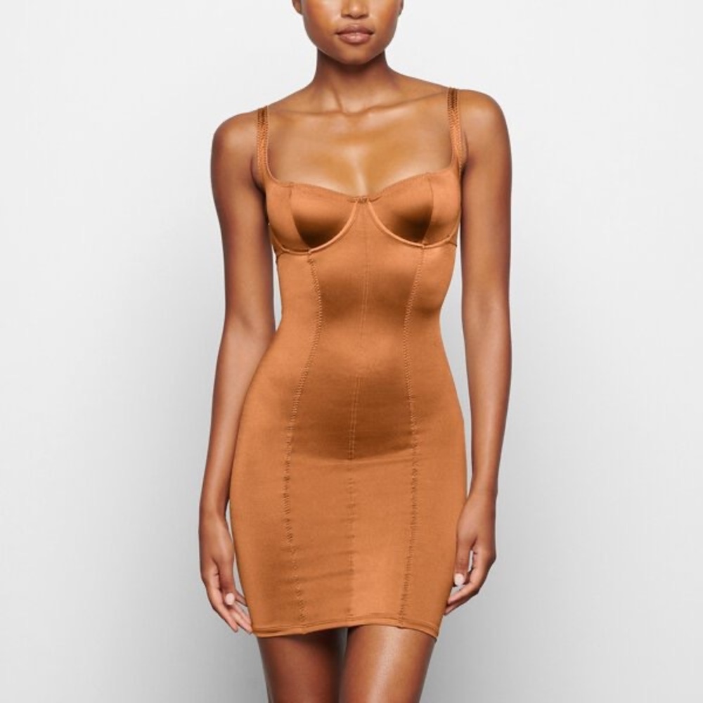 Skims Satin Corset Slip Dress New Bronze